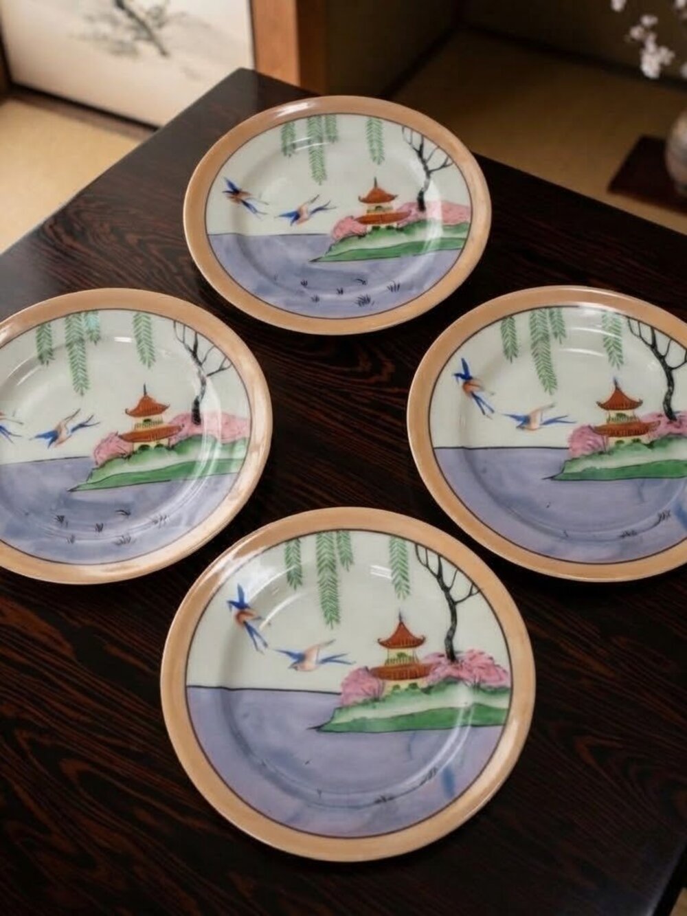 4 Vintage Japanese Hand Painted Gold Trim Lusterware Plates - Picture 16 of 16